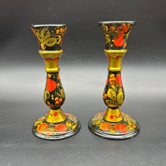 Vintage Khokhloma Candlesticks Hand Painted Russian Floral Fruit Folk Art Wooden - Picture 3 of 12